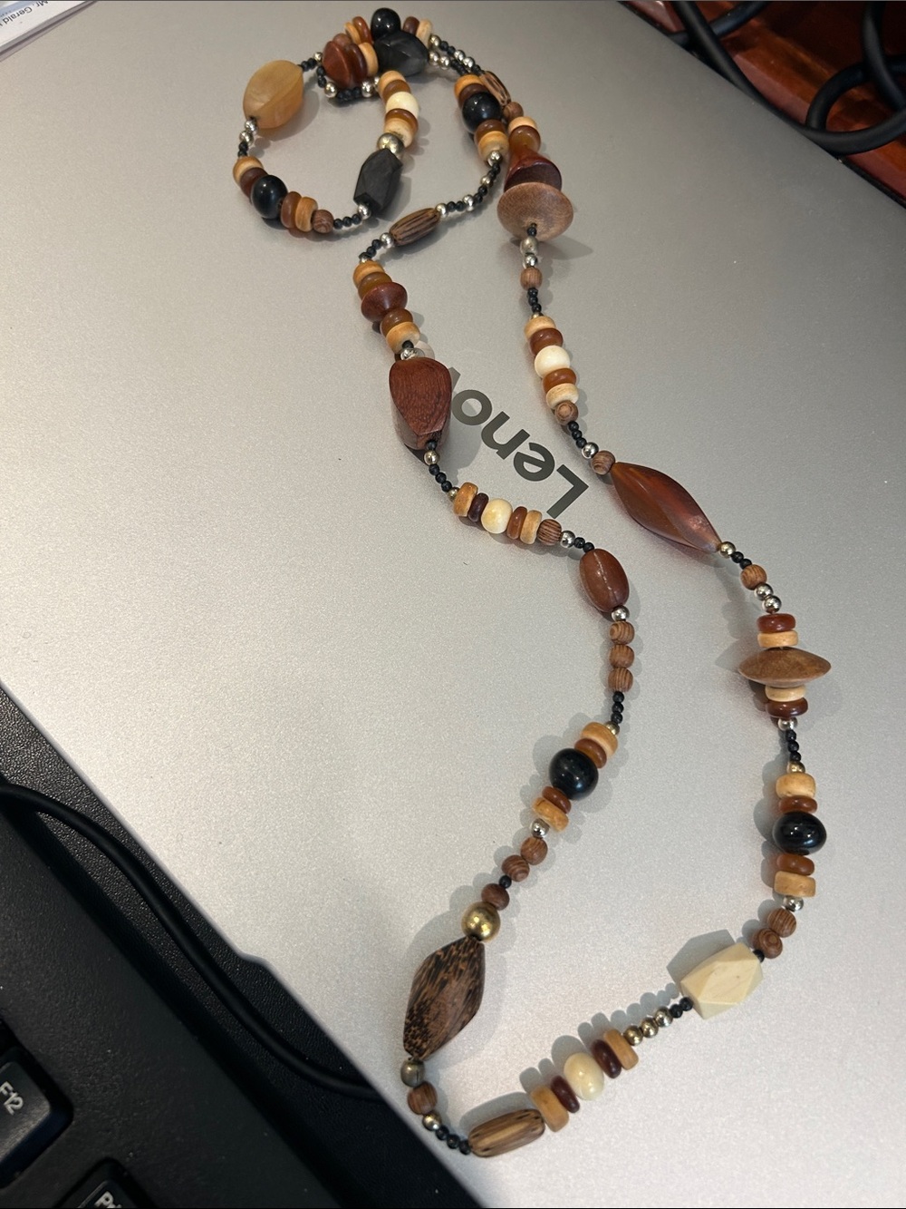 Natural Wood Bead Long Necklace - Brown & Cream